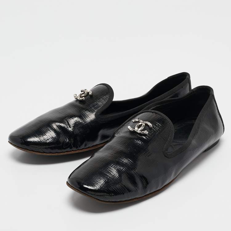 Pre Owned Chanel Black Leather CC Smoking Slippers Size 37.5