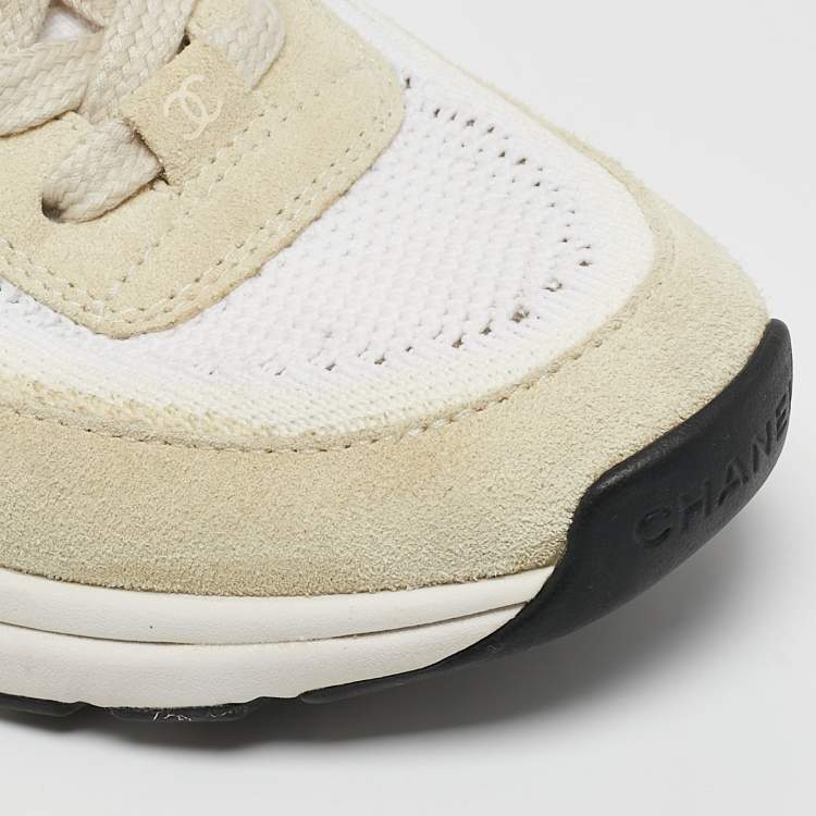 Pre Owned Chanel White Knit Fabric and Suede Lace Up Sneakers Size 38.5