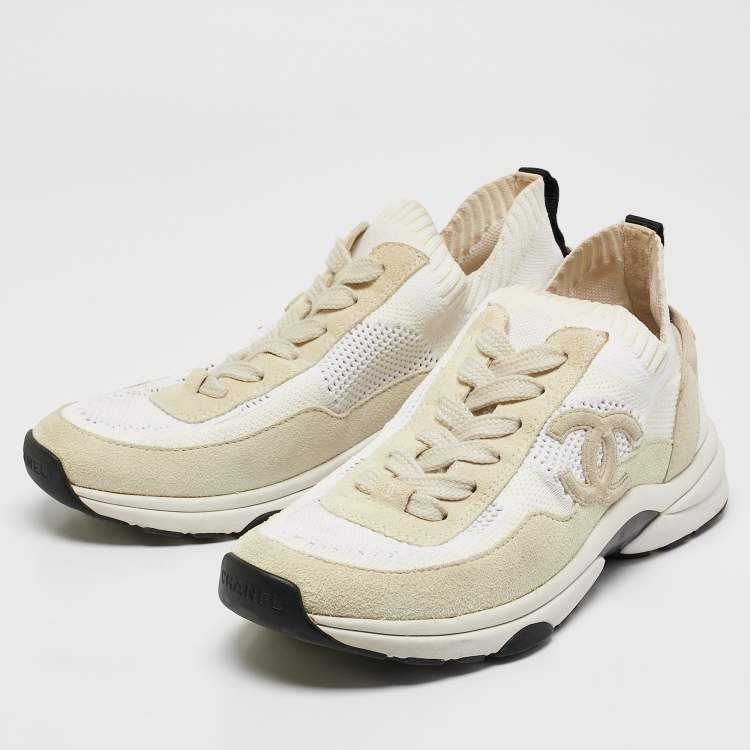 Pre Owned Chanel White Knit Fabric and Suede Lace Up Sneakers Size 38.5