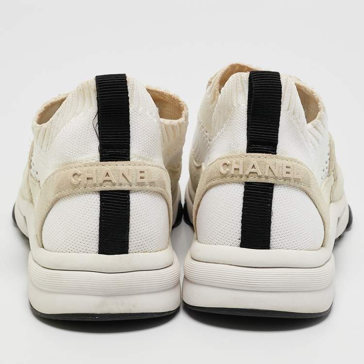 Pre Owned Chanel White Knit Fabric and Suede Lace Up Sneakers Size 38.5