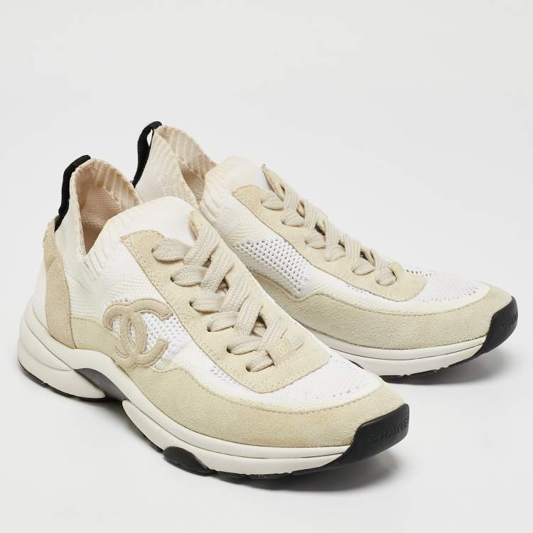 Pre Owned Chanel White Knit Fabric and Suede Lace Up Sneakers Size 38.5