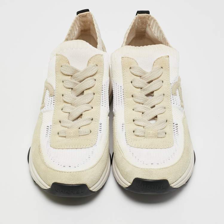 Pre Owned Chanel White Knit Fabric and Suede Lace Up Sneakers Size 38.5