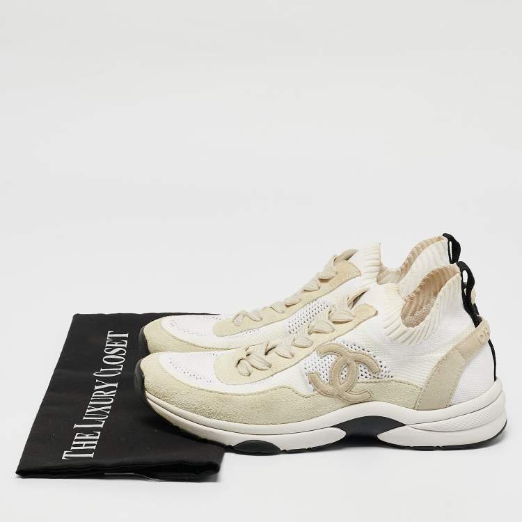 Pre Owned Chanel White Knit Fabric and Suede Lace Up Sneakers Size 38.5