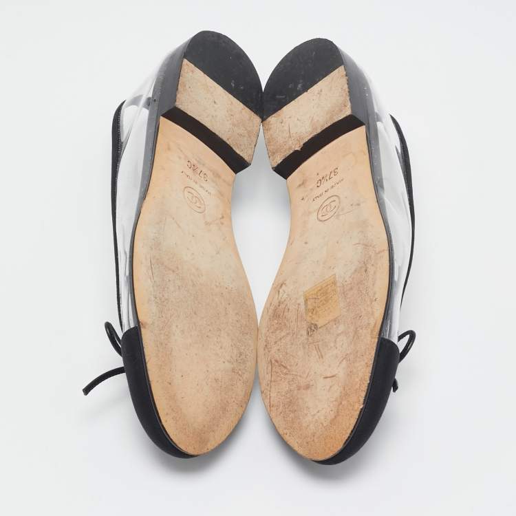 Pre Owned Chanel Black/Transparent PVC and Fabric CC Cap Toe Bow Ballet Flats Size 37.5