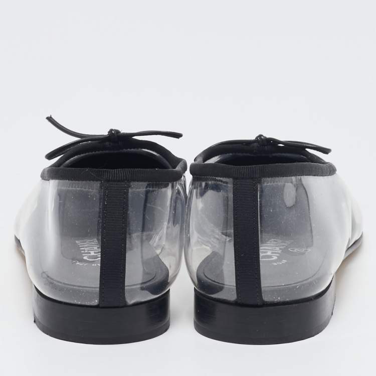 Pre Owned Chanel Black/Transparent PVC and Fabric CC Cap Toe Bow Ballet Flats Size 37.5