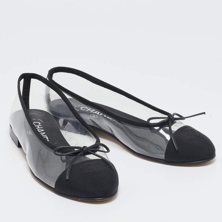 Pre Owned Chanel Black/Transparent PVC and Fabric CC Cap Toe Bow Ballet Flats Size 37.5