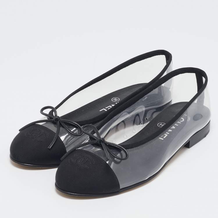 Pre Owned Chanel Black/Transparent PVC and Fabric CC Cap Toe Bow Ballet Flats Size 37.5