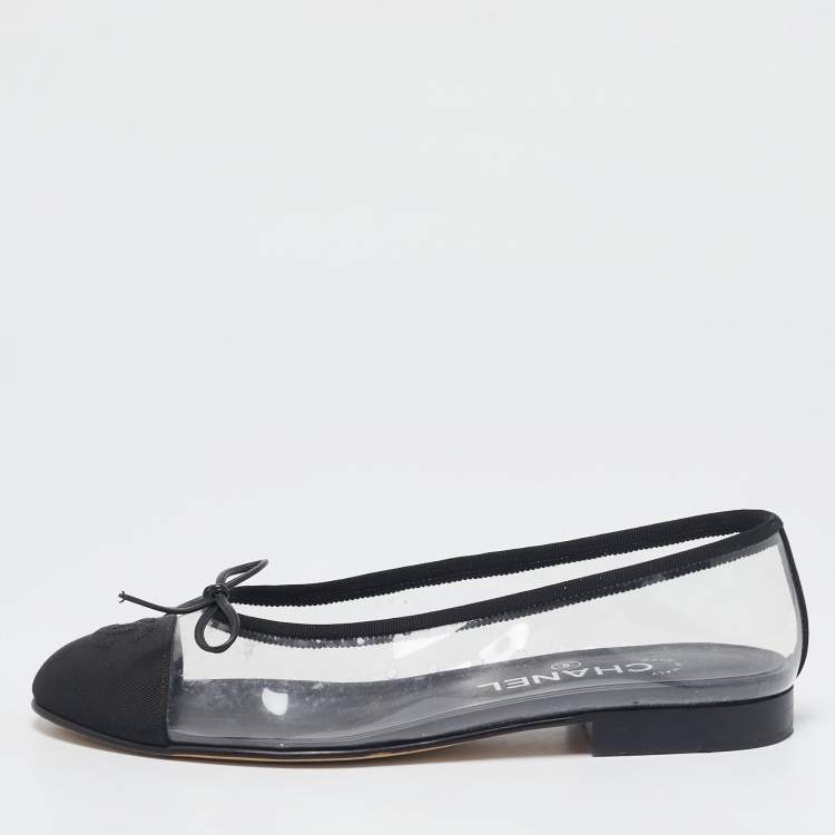 Pre Owned Chanel Black/Transparent PVC and Fabric CC Cap Toe Bow Ballet Flats Size 37.5