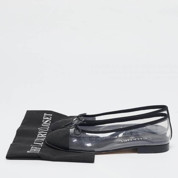 Pre Owned Chanel Black/Transparent PVC and Fabric CC Cap Toe Bow Ballet Flats Size 37.5