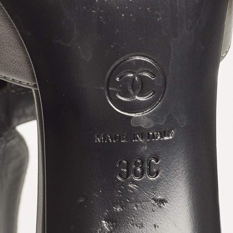 Pre Owned Chanel Grey/Black Canvas and Leather CC Bow Cut Out Ankle Boots Size 38