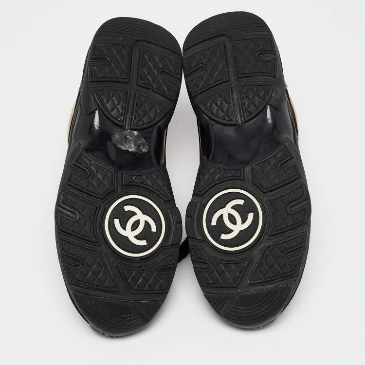 Pre Owned Chanel Gold/Black Fabric and Suede CC Low Top Sneakers Size 36