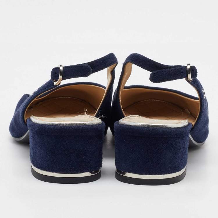 Pre Owned Chanel Navy Blue Suede Cap Toe CC Slingback Pumps Size 38