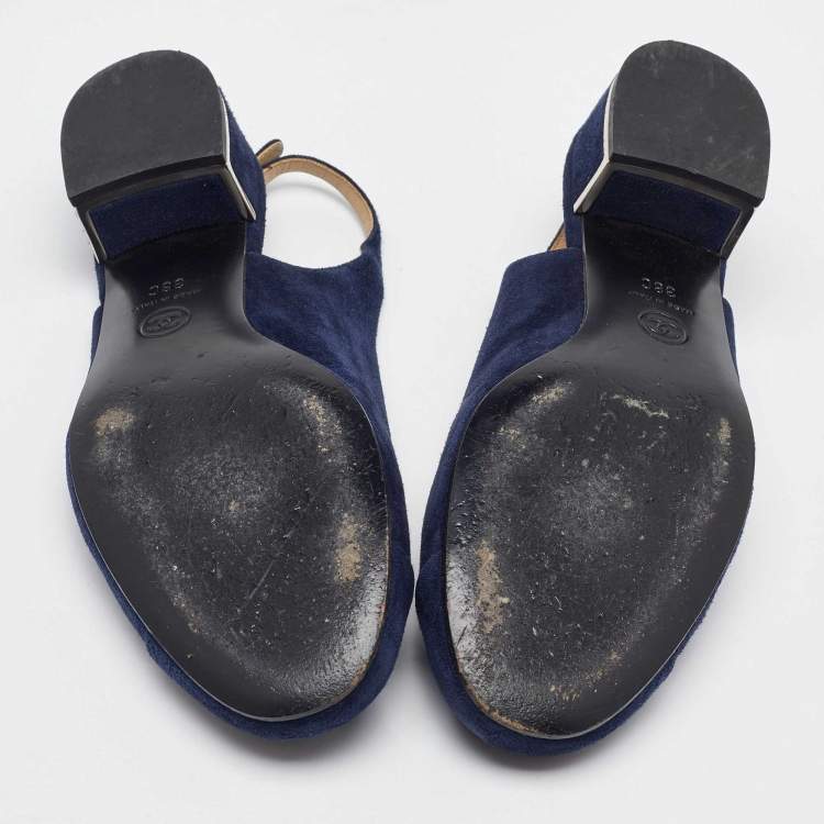 Pre Owned Chanel Navy Blue Suede Cap Toe CC Slingback Pumps Size 38