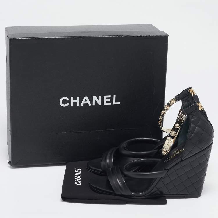 Pre Owned Chanel Black Leather Charm Embellished Ankle Cuff Wedge Sandals Size 40