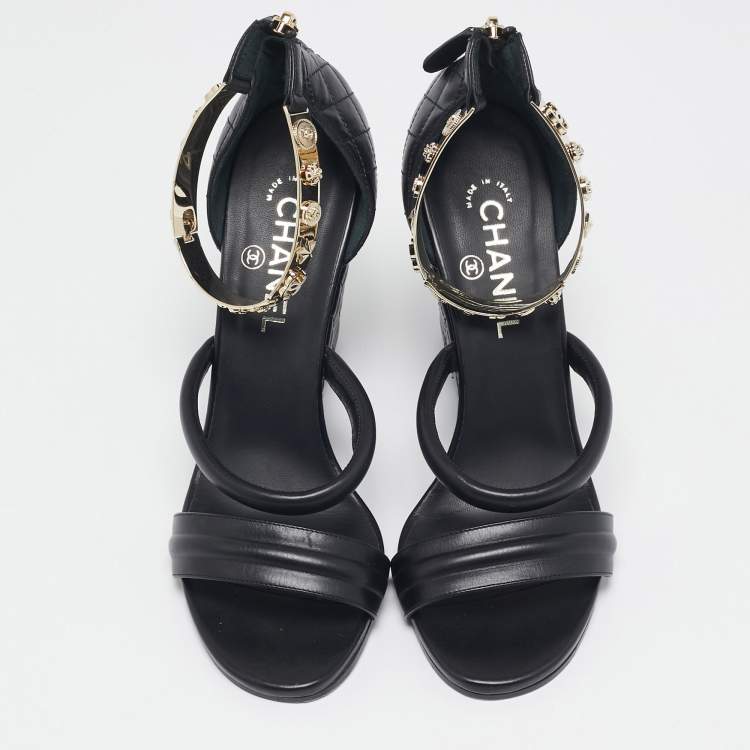 Pre Owned Chanel Black Leather Charm Embellished Ankle Cuff Wedge Sandals Size 40