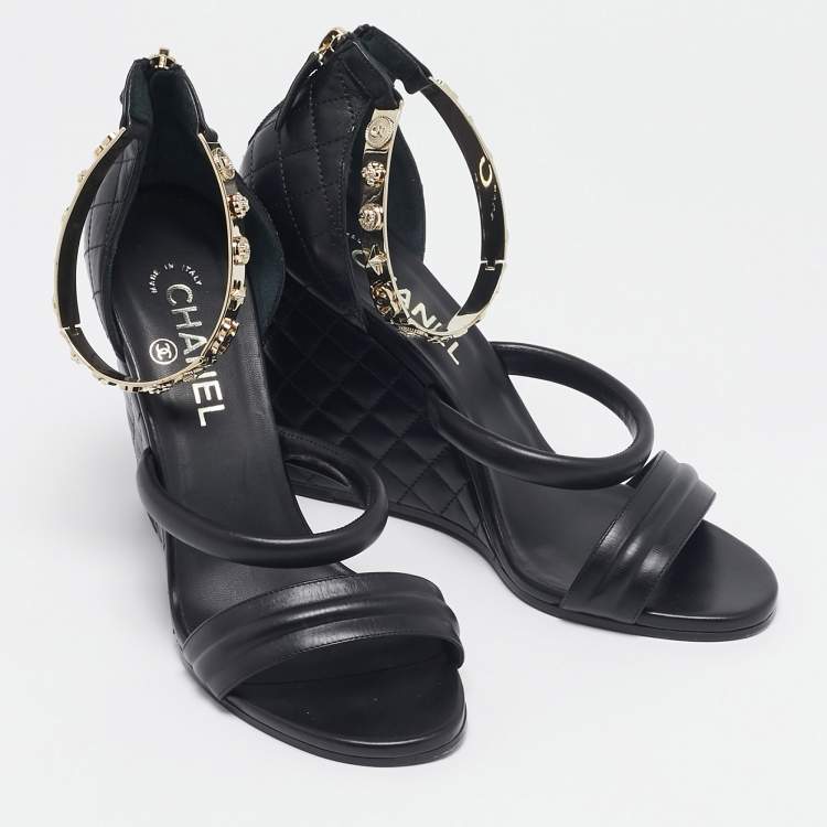 Pre Owned Chanel Black Leather Charm Embellished Ankle Cuff Wedge Sandals Size 40