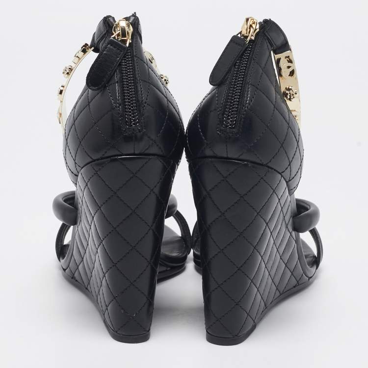 Pre Owned Chanel Black Leather Charm Embellished Ankle Cuff Wedge Sandals Size 40