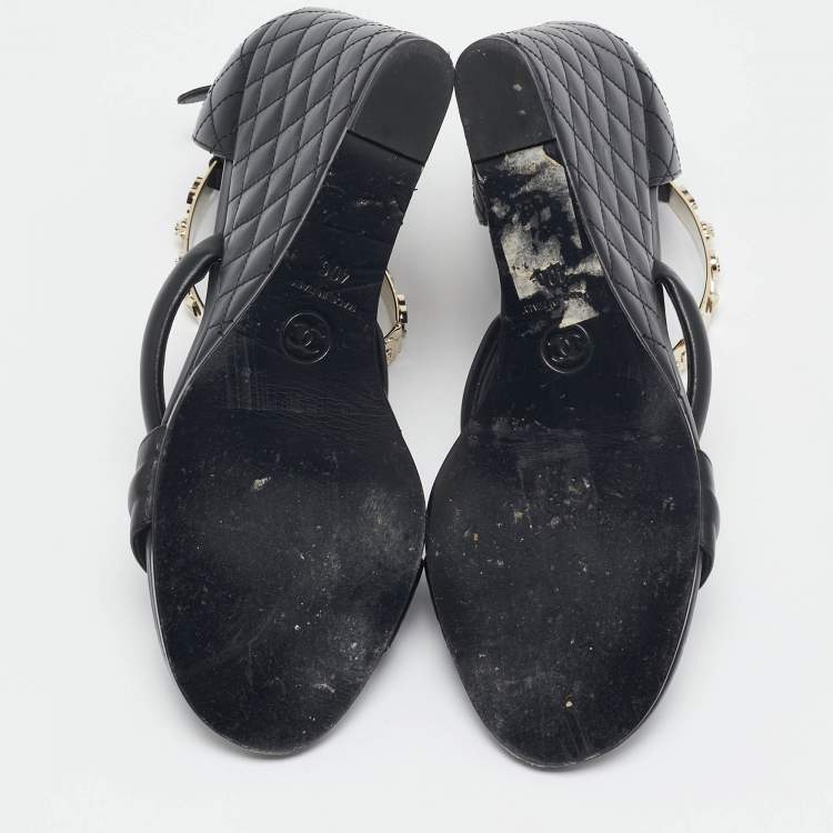 Pre Owned Chanel Black Leather Charm Embellished Ankle Cuff Wedge Sandals Size 40