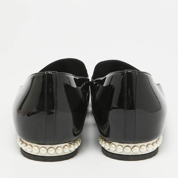 Pre Owned Chanel Black Patent Leather CC Pearl Embellished Smoking Loafers Size 38