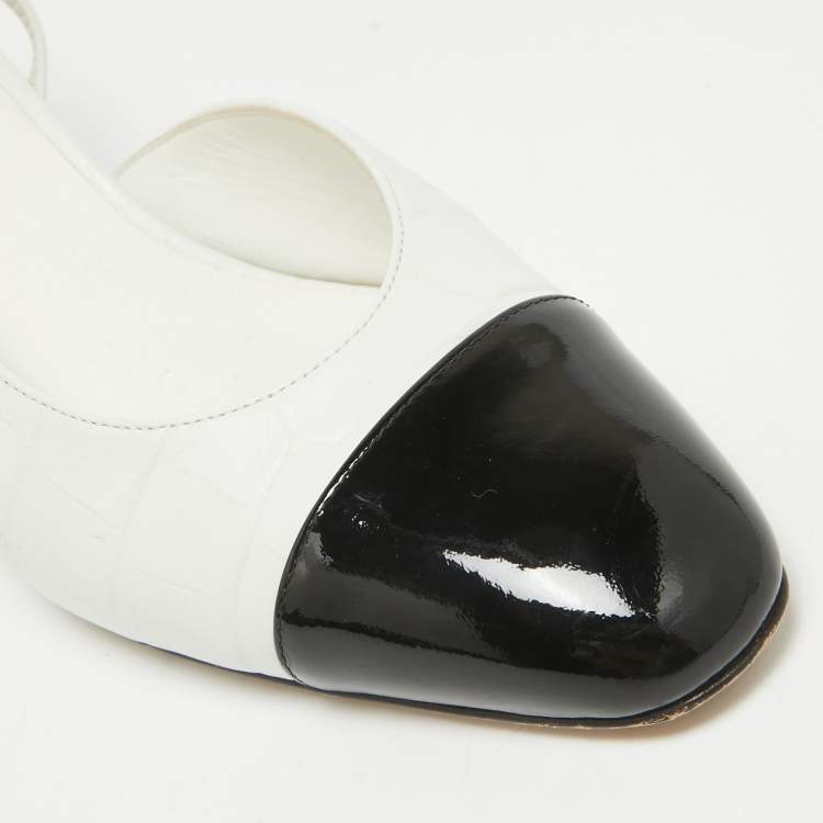 Pre Owned Chanel White/Black Croc Embossed and Patent CC Slingback  Pumps Size 39
