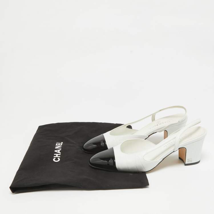 Pre Owned Chanel White/Black Croc Embossed and Patent CC Slingback  Pumps Size 39