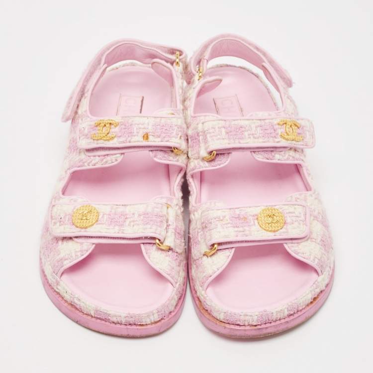 Pre Owned Chanel Pink/White Tweed and Leather CC Dad Flat Sandals Size 38.5