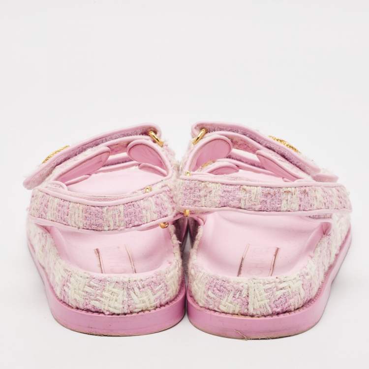 Pre Owned Chanel Pink/White Tweed and Leather CC Dad Flat Sandals Size 38.5