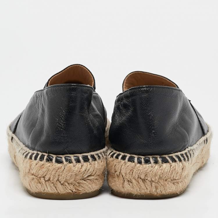 Pre Owned Chanel Black Leather CC Cap Toe Espadrille Flats Size 39