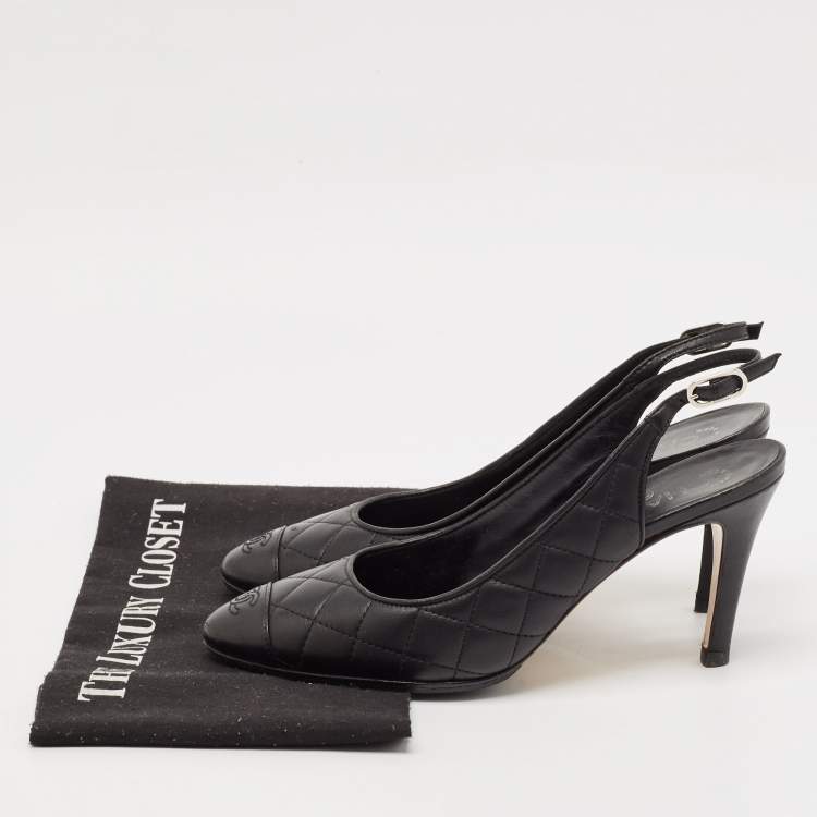 Pre Owned Chanel Black Quilted Leather CC Cap Toe Slingback Pumps Size 38.5