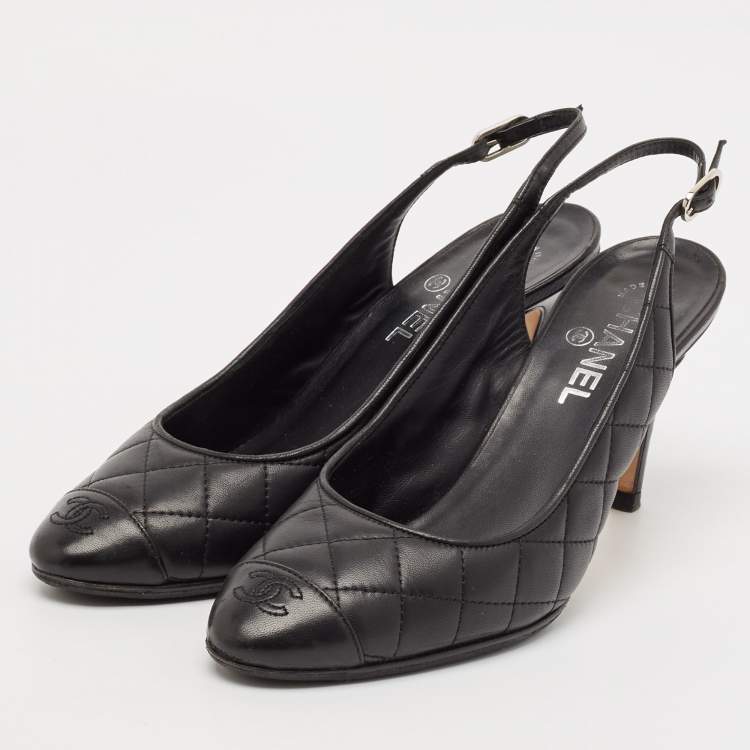 Pre Owned Chanel Black Quilted Leather CC Cap Toe Slingback Pumps Size 38.5