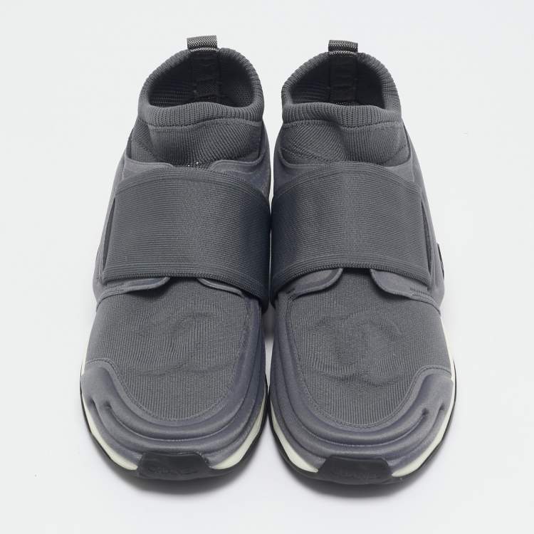 Pre Owned Chanel Grey Stretch Fabric Slip On Sneakers Size 38.5