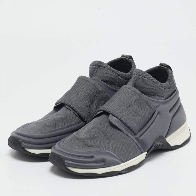 Pre Owned Chanel Grey Stretch Fabric Slip On Sneakers Size 38.5
