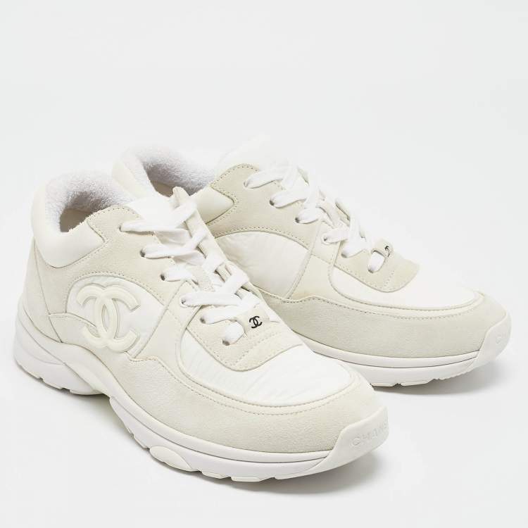 Pre Owned Chanel White Suede and Nylon CC Low Top Sneakers Size 38.5