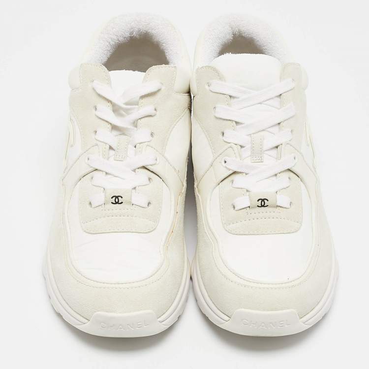 Pre Owned Chanel White Suede and Nylon CC Low Top Sneakers Size 38.5