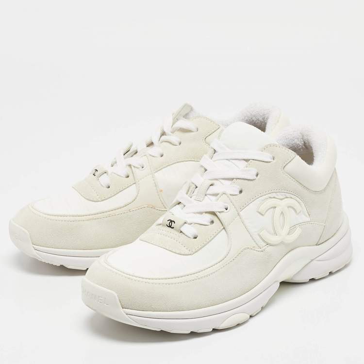 Pre Owned Chanel White Suede and Nylon CC Low Top Sneakers Size 38.5