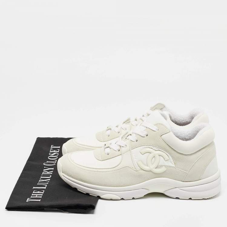 Pre Owned Chanel White Suede and Nylon CC Low Top Sneakers Size 38.5