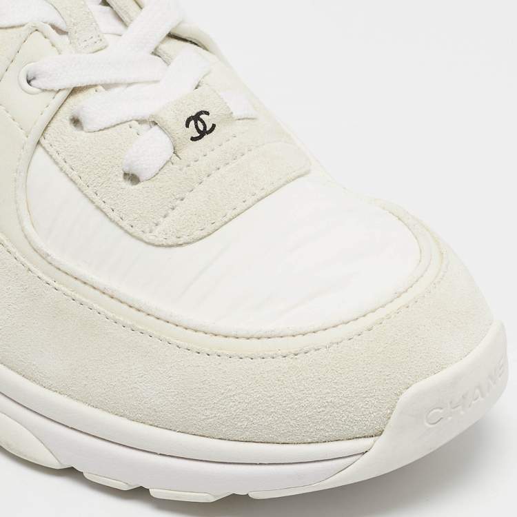 Pre Owned Chanel White Suede and Nylon CC Low Top Sneakers Size 38.5