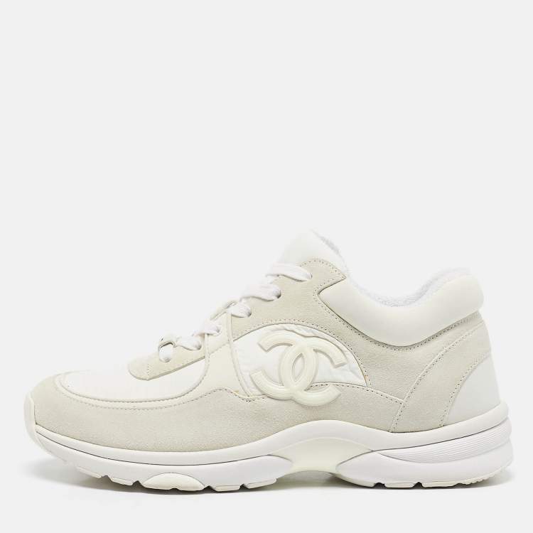 Pre Owned Chanel White Suede and Nylon CC Low Top Sneakers Size 38.5