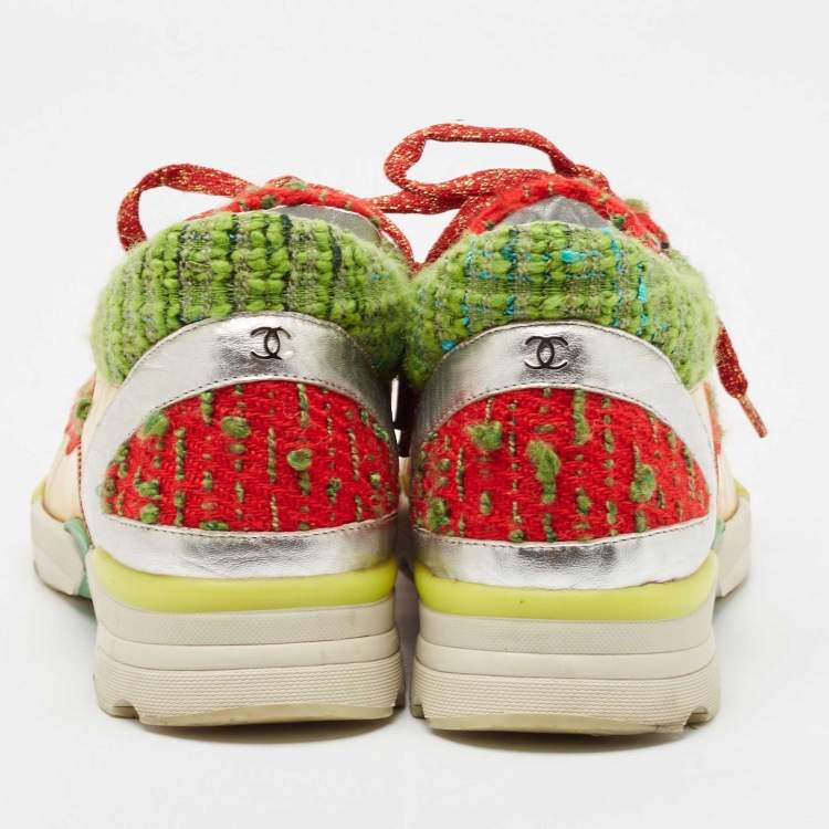 Pre Owned Chanel Multicolor Tweed and Leather CC Low Top Sneakers Size 38