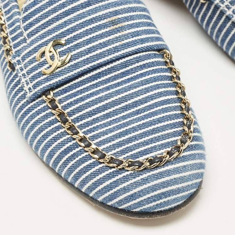 Pre Owned Chanel Blue Denim CC Chain CC Slip On Loafers Size 37