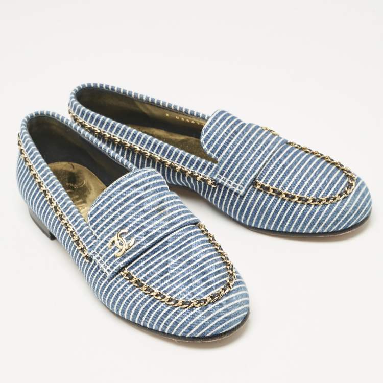 Pre Owned Chanel Blue Denim CC Chain CC Slip On Loafers Size 37