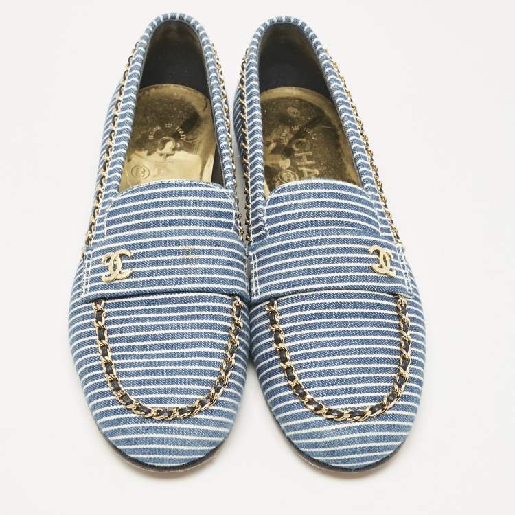 Pre Owned Chanel Blue Denim CC Chain CC Slip On Loafers Size 37