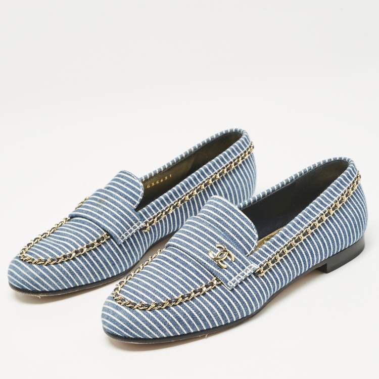 Pre Owned Chanel Blue Denim CC Chain CC Slip On Loafers Size 37