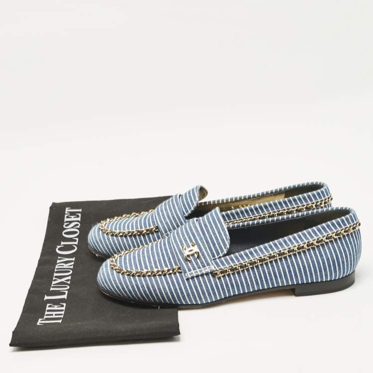 Pre Owned Chanel Blue Denim CC Chain CC Slip On Loafers Size 37