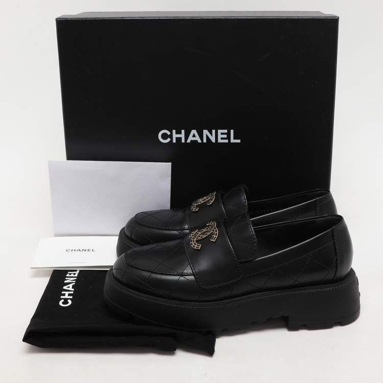 Pre Owned Chanel Black Leather CC Chain Details Moccasins Size 36