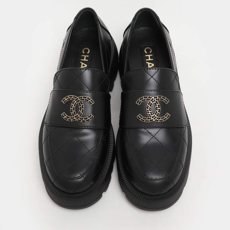 Pre Owned Chanel Black Leather CC Chain Details Moccasins Size 36