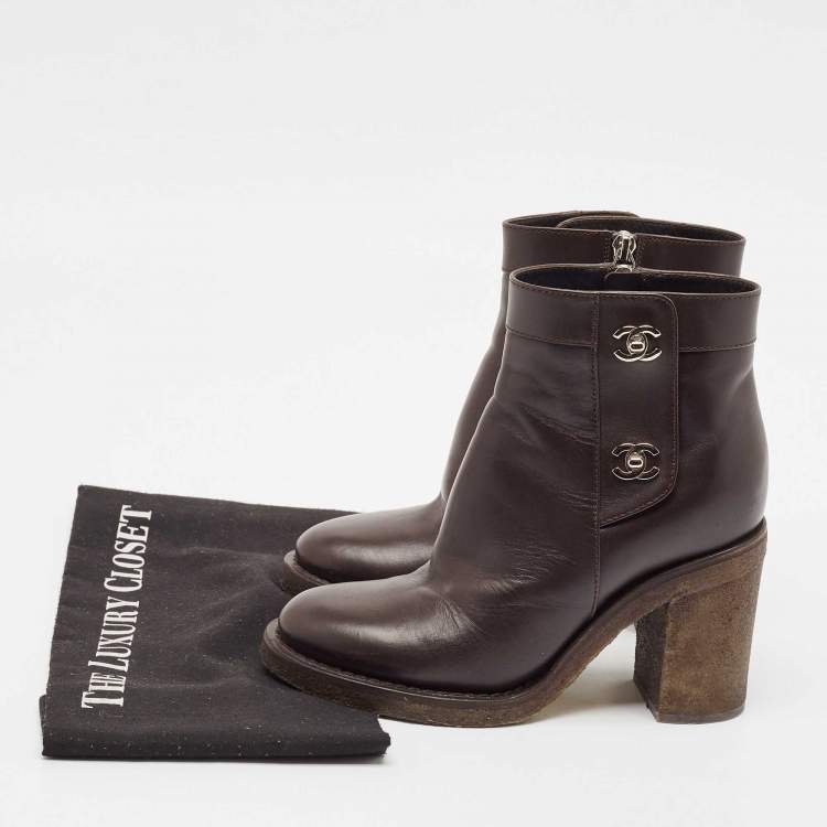 Pre Owned Chanel Dark Brown Leather CC Turn-Lock Block Heel Ankle Boots Size 36