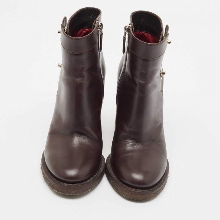 Pre Owned Chanel Dark Brown Leather CC Turn-Lock Block Heel Ankle Boots Size 36