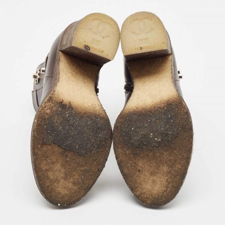 Pre Owned Chanel Dark Brown Leather CC Turn-Lock Block Heel Ankle Boots Size 36