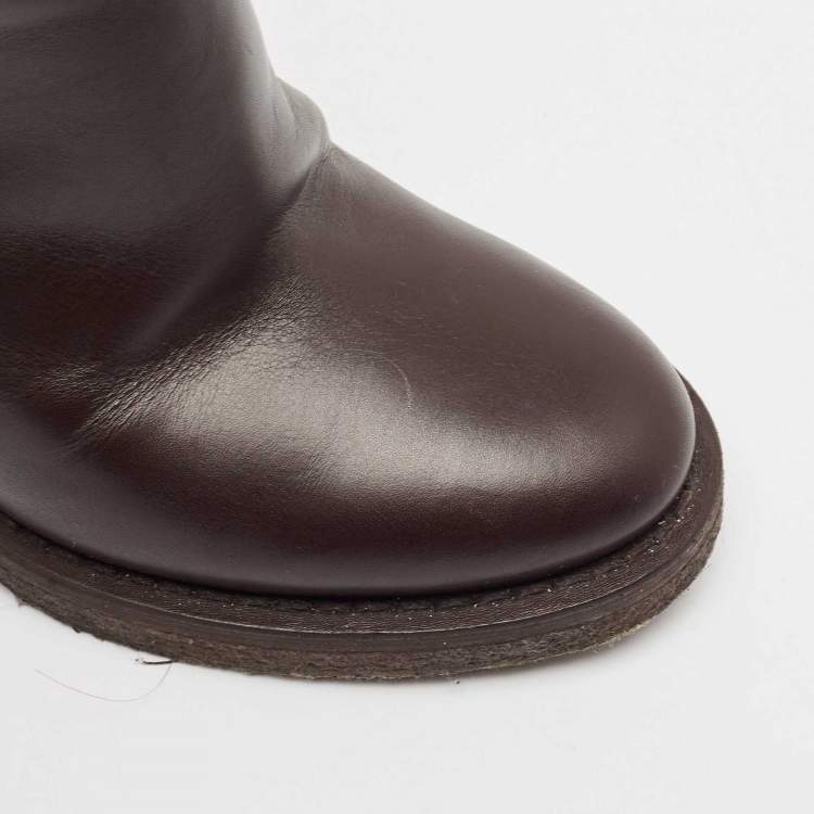 Pre Owned Chanel Dark Brown Leather CC Turn-Lock Block Heel Ankle Boots Size 36